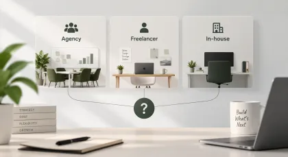 Three-way illustration comparing an agency team, a solo freelancer at a desk and an in-house team at a monitor.