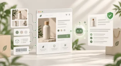 Product photos, swatches, specs and a barcode feeding a product page, with an AI assistant writing the description.