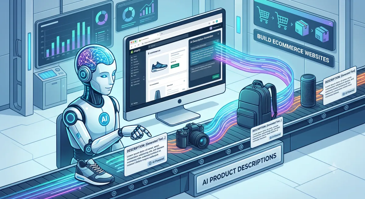 Illustration of an AI robot at a store admin screen generating product descriptions for items on a conveyor belt.