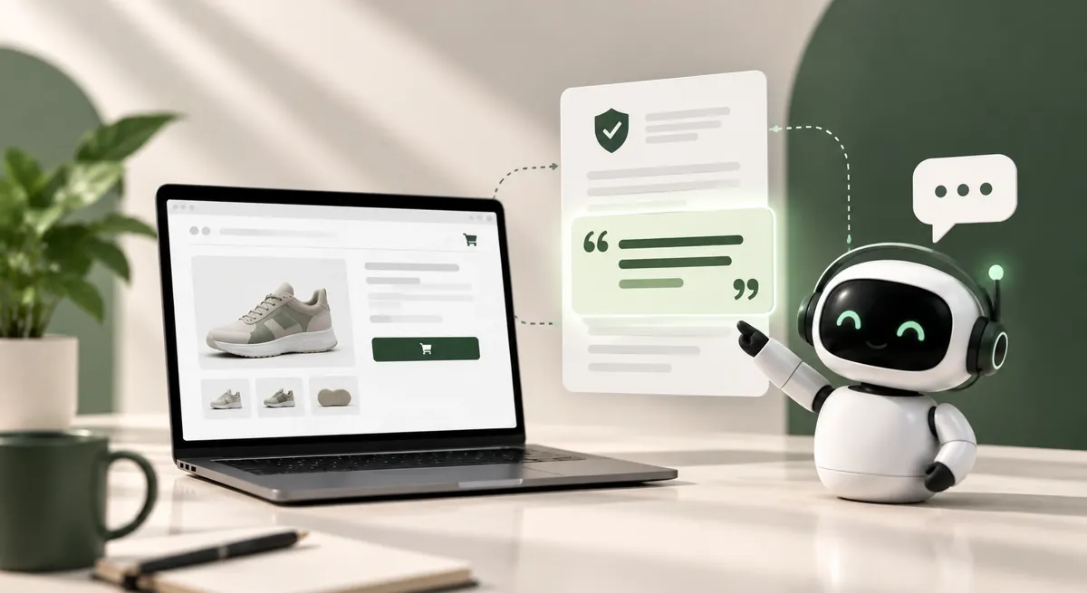 A support robot beside a store page, pointing at a policy document with one passage highlighted as its answer.