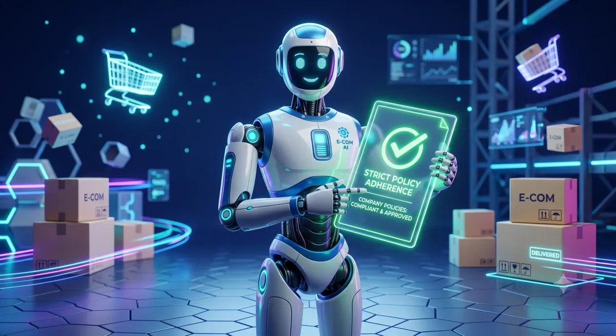 Illustration of a support robot holding a glowing policy document beside shopping carts and delivery boxes.