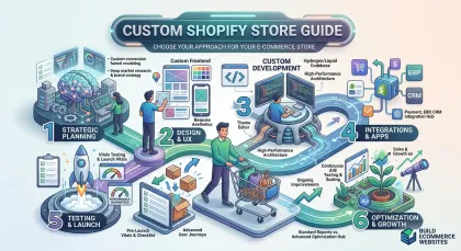 Six-stage illustrated route through a custom Shopify build, from planning and design to launch and growth.