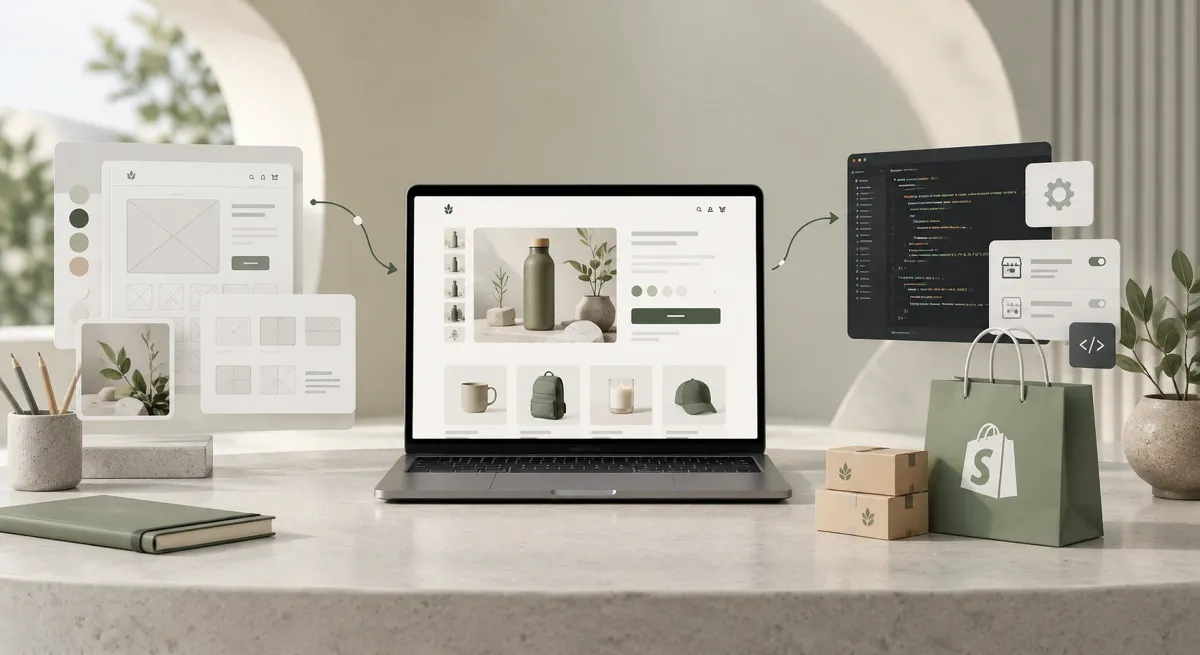 Wireframes and colour swatches on one side, a code editor on the other, the finished Shopify storefront between.