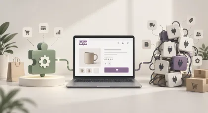 One custom-built plugin on a pedestal beside a tangle of ready-made plugin tiles, a WooCommerce page between them.