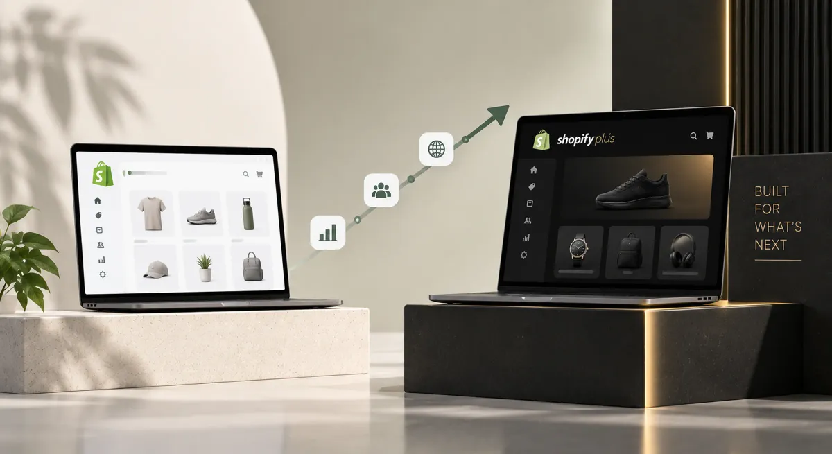 Split illustration comparing a standard Shopify storefront with a larger Shopify Plus operation and its extras.