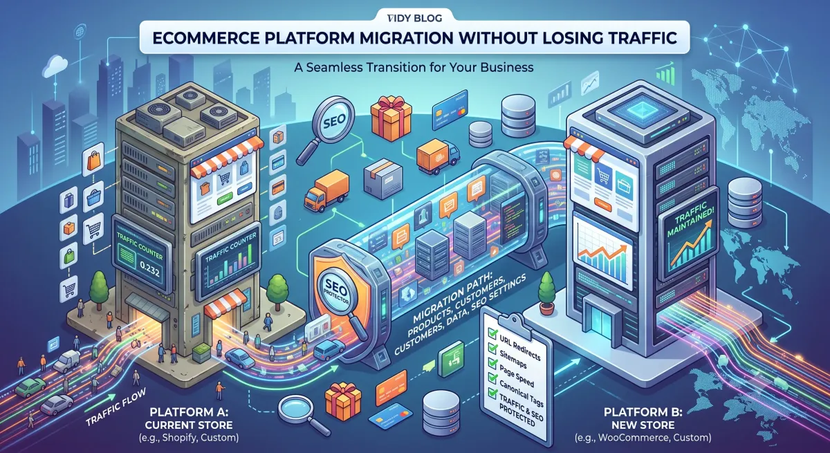 Illustration of a store moving from one platform building to another with traffic and search rankings carried across.
