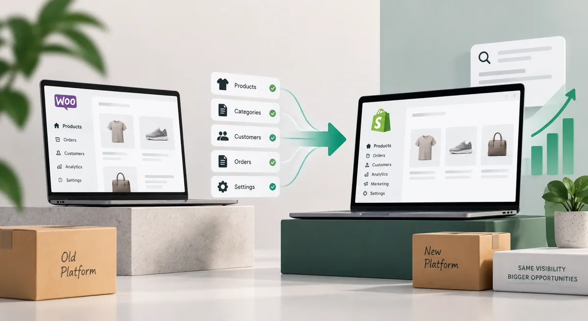 A WooCommerce admin and a Shopify admin, with products, categories, customers and orders ticked off as they move.