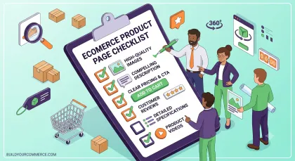 Illustration of a giant product-page checklist covering images, description, pricing, reviews, specs and video.