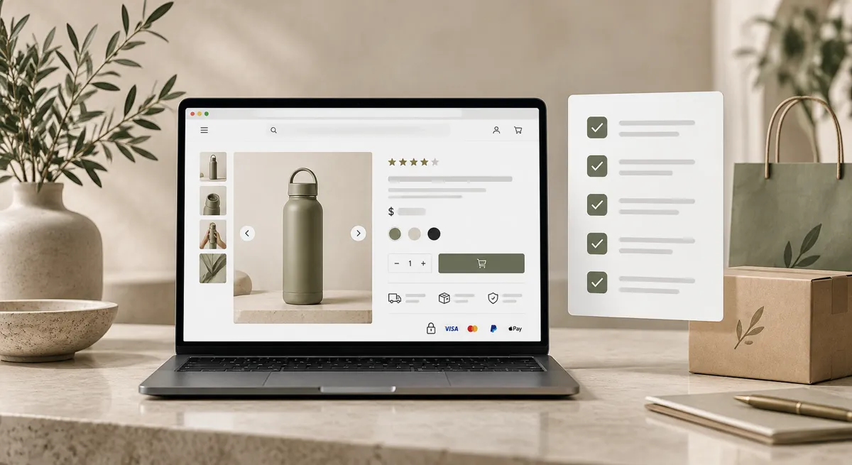 A product page with gallery, rating, price, colour options and payment methods, beside a ticked checklist.