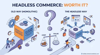 Split diagram contrasting a monolithic all-in-one platform with a decoupled commerce engine feeding many devices.