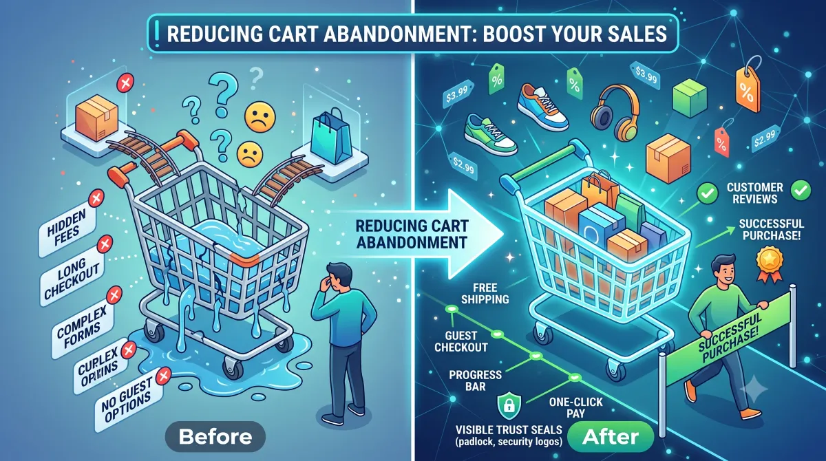 Before-and-after illustration of a leaking checkout basket beside a completed purchase with trust signals.