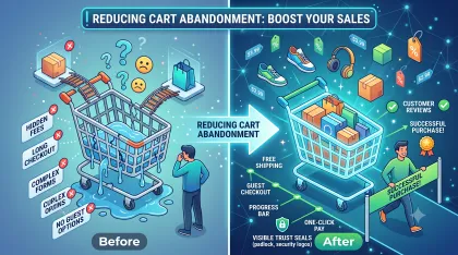 Before-and-after illustration of a leaking checkout basket beside a completed purchase with trust signals.