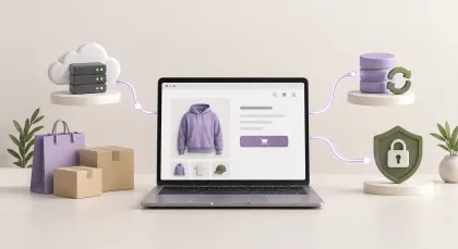 A WooCommerce product page wired to a cloud server, a database with a backup symbol and a padlocked shield.