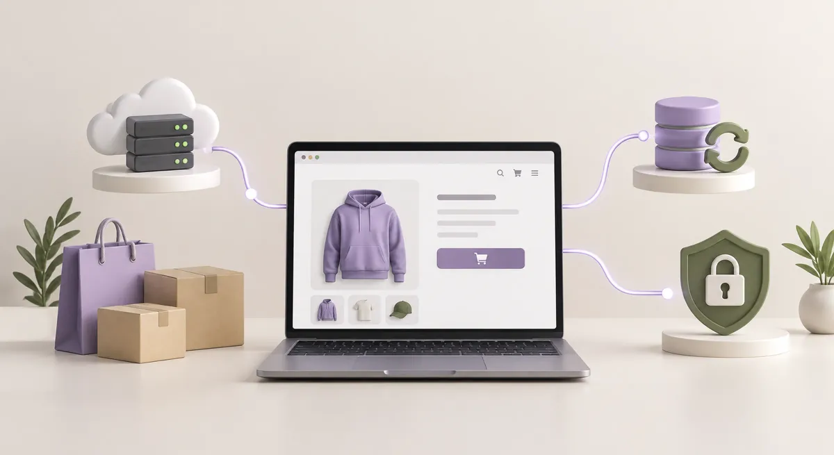 A WooCommerce product page wired to a cloud server, a database with a backup symbol and a padlocked shield.