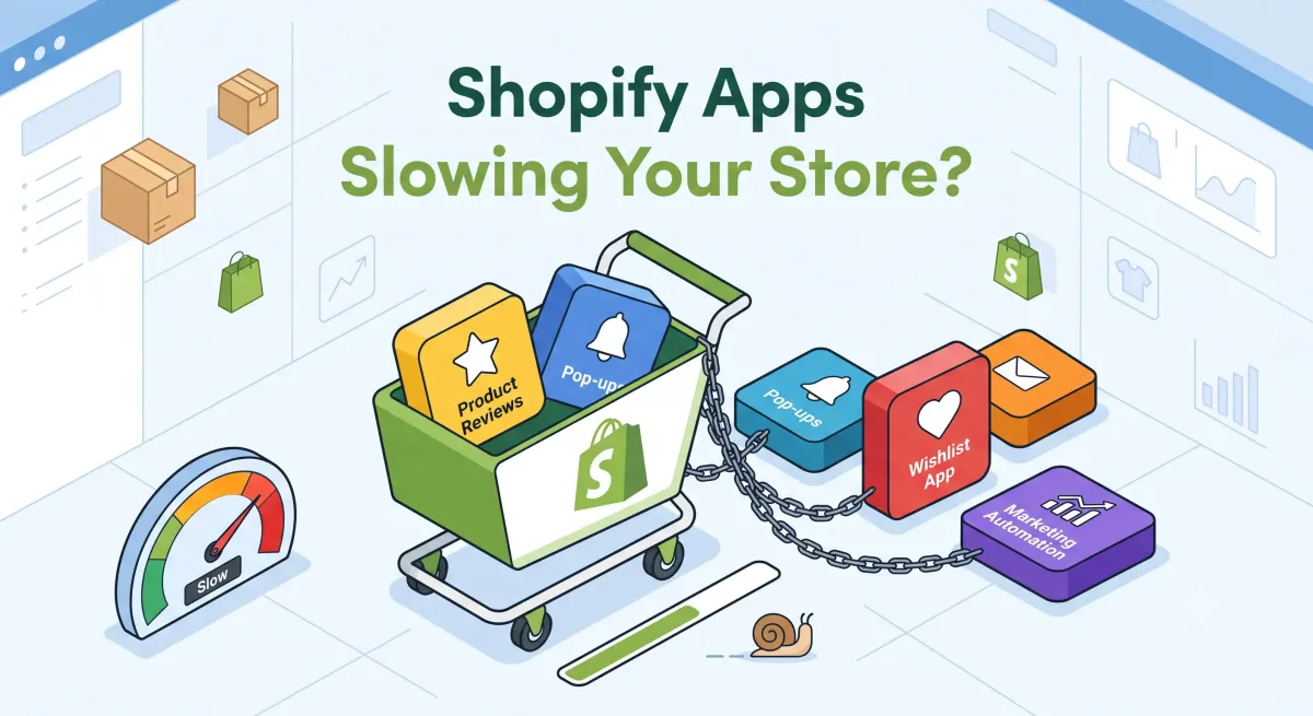Illustration of a trolley loaded with Shopify app tiles, chained to a snail beside a slow speed gauge.