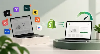 A store page stalling behind a crowd of third-party app tiles, and the same page loading against a fast speed gauge.