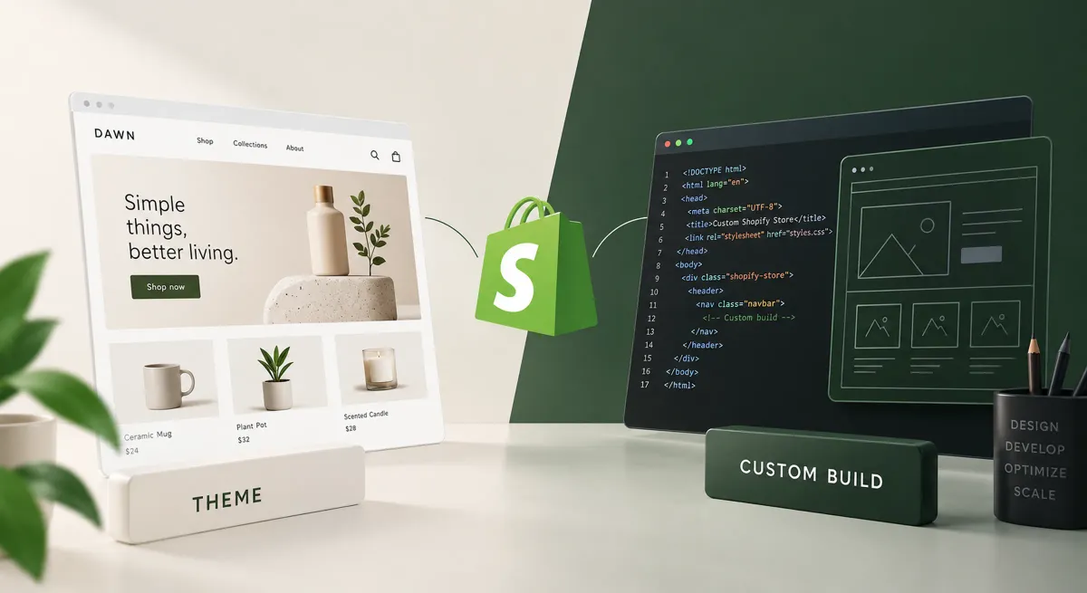 A ready-made Shopify theme labelled Theme beside a code editor and wireframes labelled Custom build.