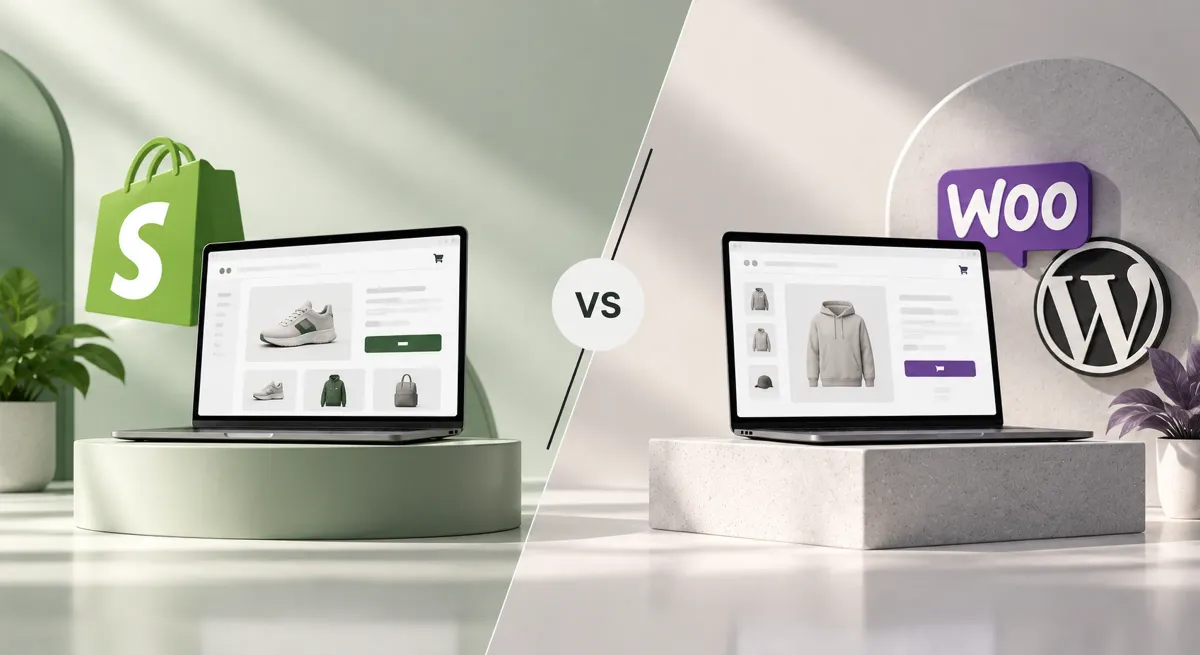 A split comparison: a Shopify storefront and bag on one side, a WooCommerce storefront and Woo mark on the other.