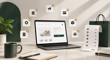 A store page ringed by cost icons for hosting, software, marketing, payments, shipping and staff, beside a receipt.