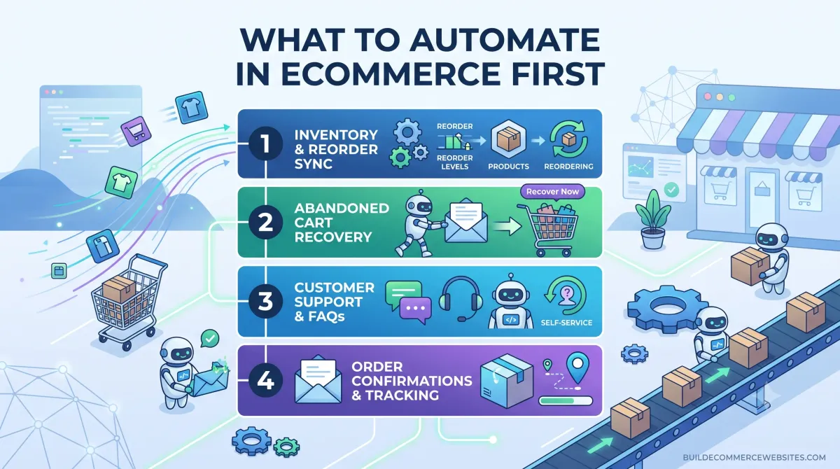 Four numbered automation priorities: inventory sync, abandoned-cart recovery, support replies and order tracking.