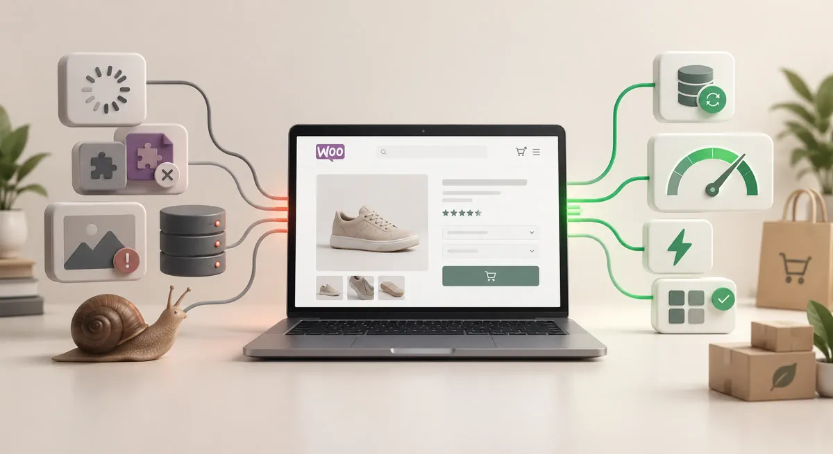 A WooCommerce page with slowdown causes on one side, excess plugins and heavy images among them, and fixes opposite.