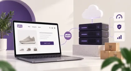 A WooCommerce store page wired to a rack of servers and a cloud, feeding speed, security and analytics indicators.